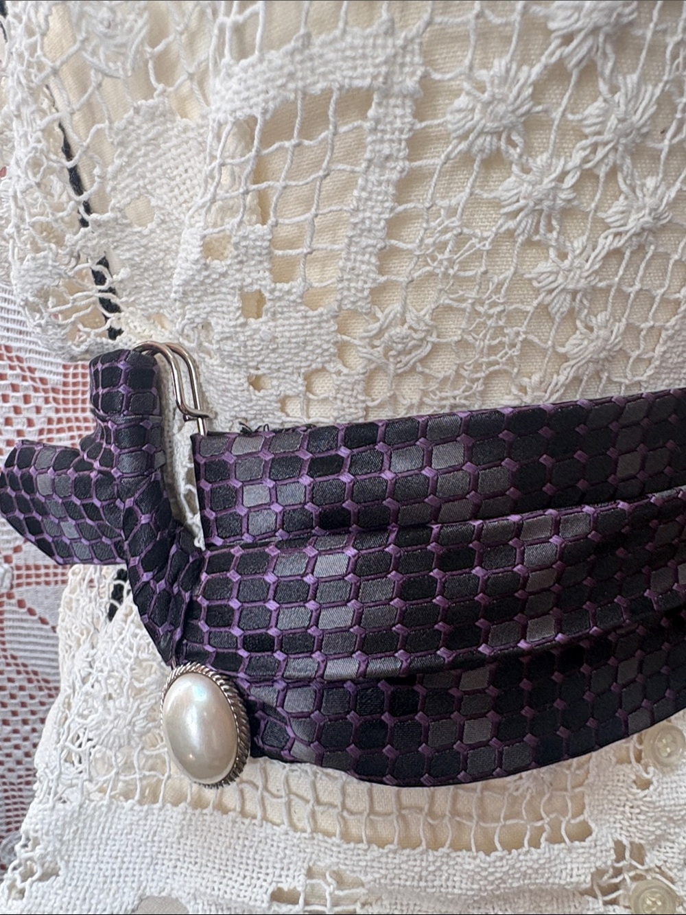 Upcycled Purple Tie Belt with Pearl Brooch